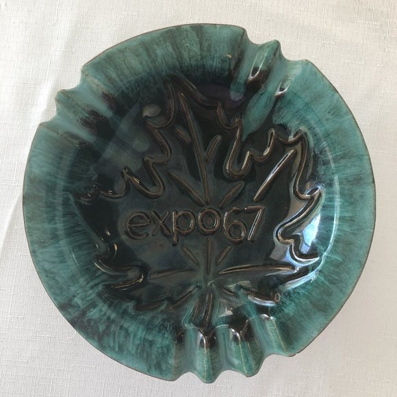 VTG Expo 67 BMP Canada Drip Glazed Green Brown Ruffled Ashtray Candy Dish - Picture 1 of 8